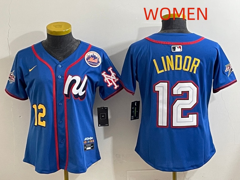 Women 2025 New York Mets 12 Lindor Blue All star Nike MLB Jersey style 001